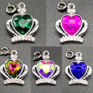 Jeweled Heart Rhinestone Crown Charm on Silver